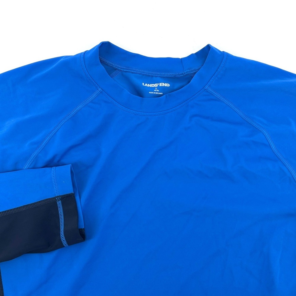 Lands End Mens Blue Navy Long Sleeve Rash Guard Swim Shirt Size L 42-44 UPF 50